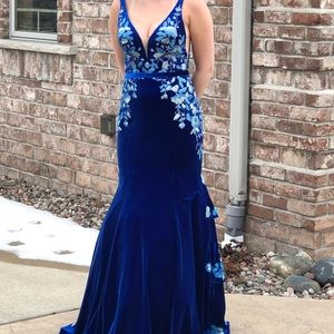 Ellie Wilde Embroidered Royal Blue Velvet Prom Pageant Gown size 8